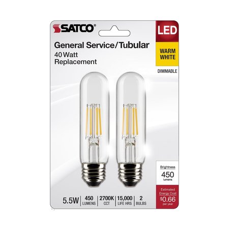 Satco 5.5-Watt T10 LED - Clear - Medium Base - 2700K - 450 Lumens - 120 Volts, 2PK S21862